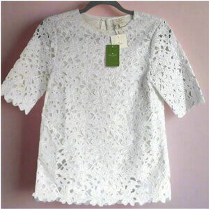 Kate Spade Floral Lace Top Womens 2 White Elbow Sleeve Overlay Blouse